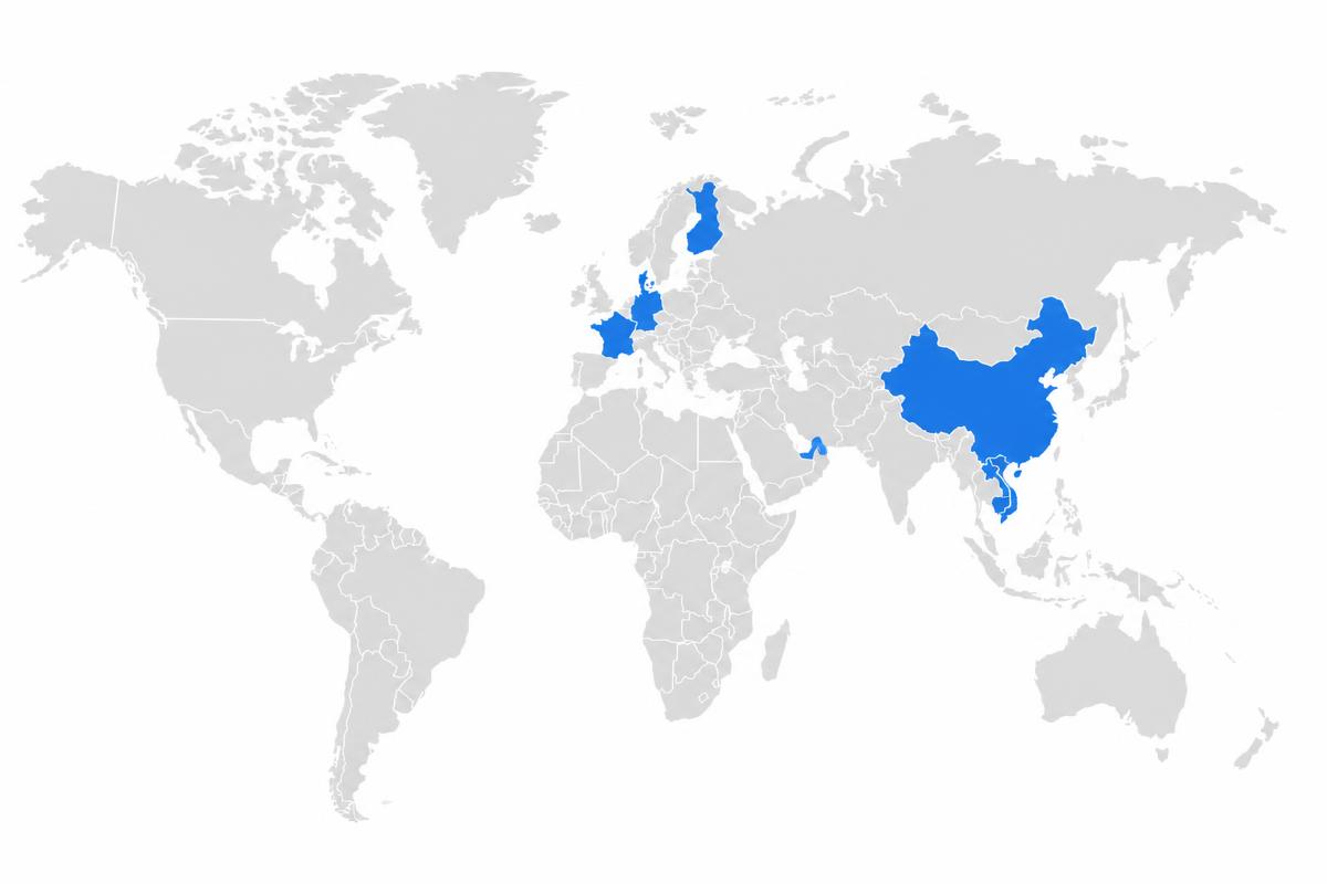 World map highlighting Vietnam, China, France, Germany, Denmark, Finland, Qatar, and the UAE